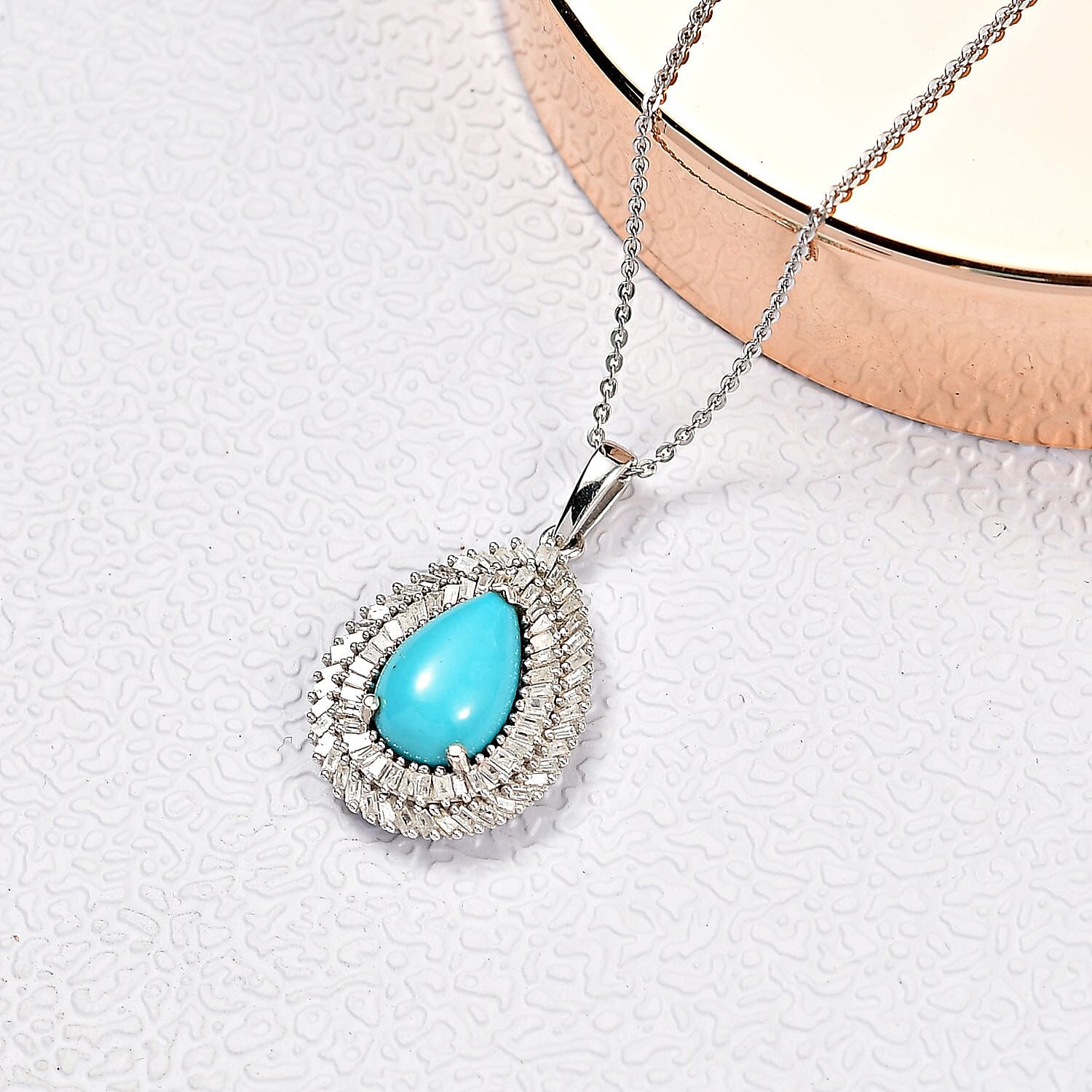 D'Joy Sleeping Beauty Turquoise & White Diamond Pendant with Chain (Size 20) in Rhodium Overlay Sterling Silver 3.09 Ct.