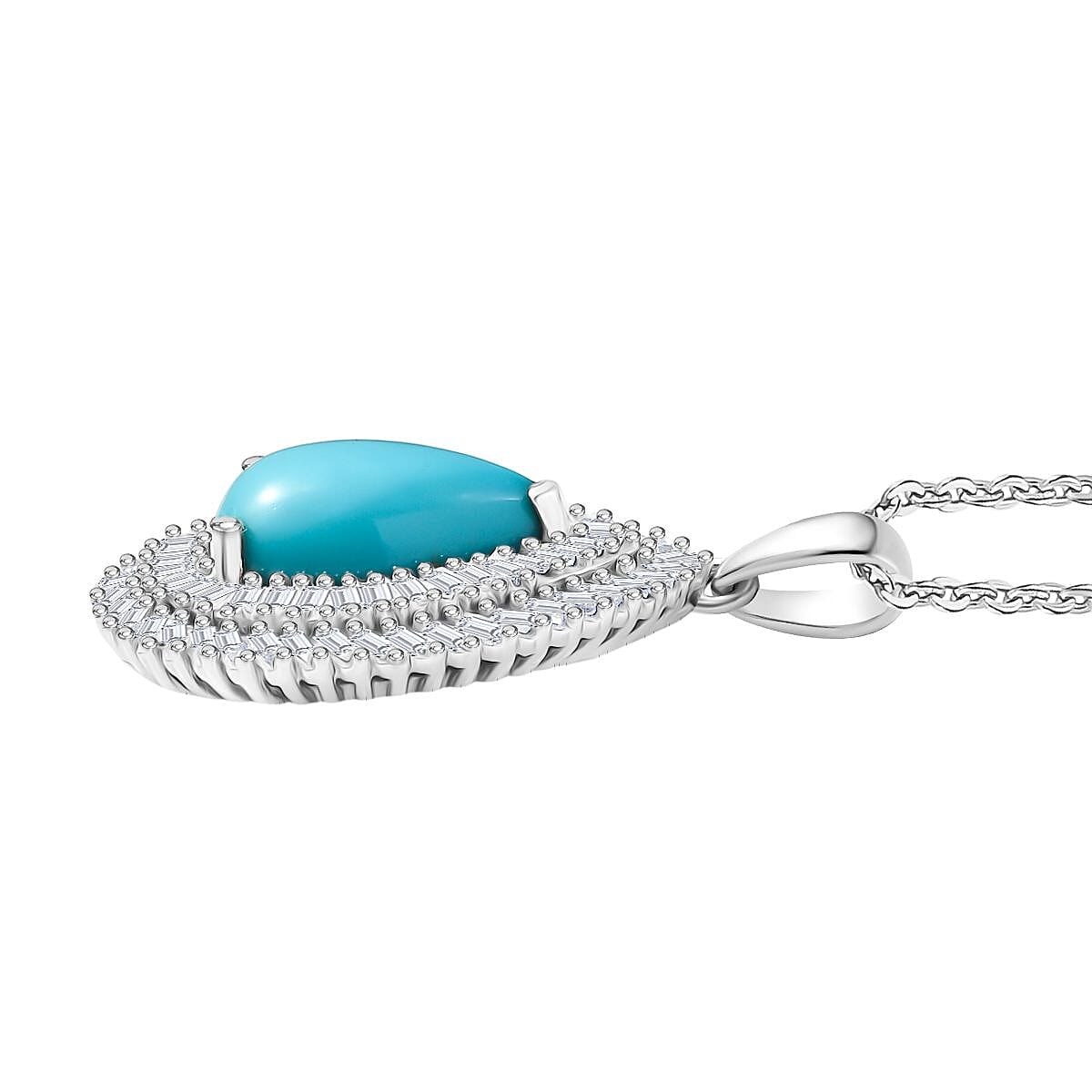 D'Joy Sleeping Beauty Turquoise & White Diamond Pendant with Chain (Size 20) in Rhodium Overlay Sterling Silver 3.09 Ct.