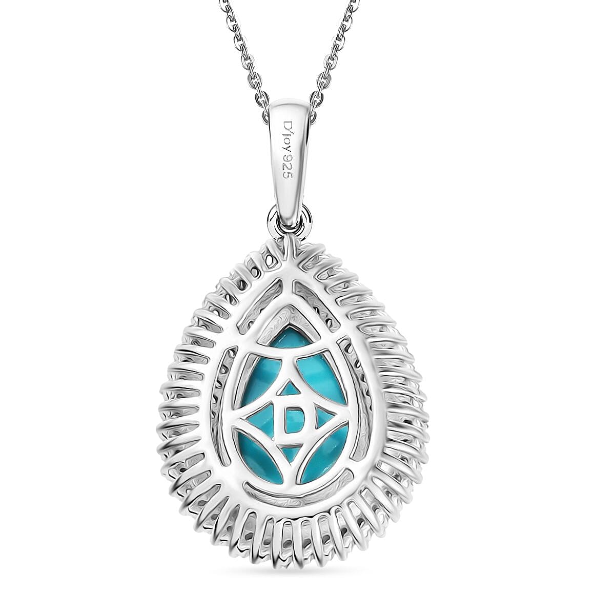 D'Joy Sleeping Beauty Turquoise & White Diamond Pendant with Chain (Size 20) in Rhodium Overlay Sterling Silver 3.09 Ct.