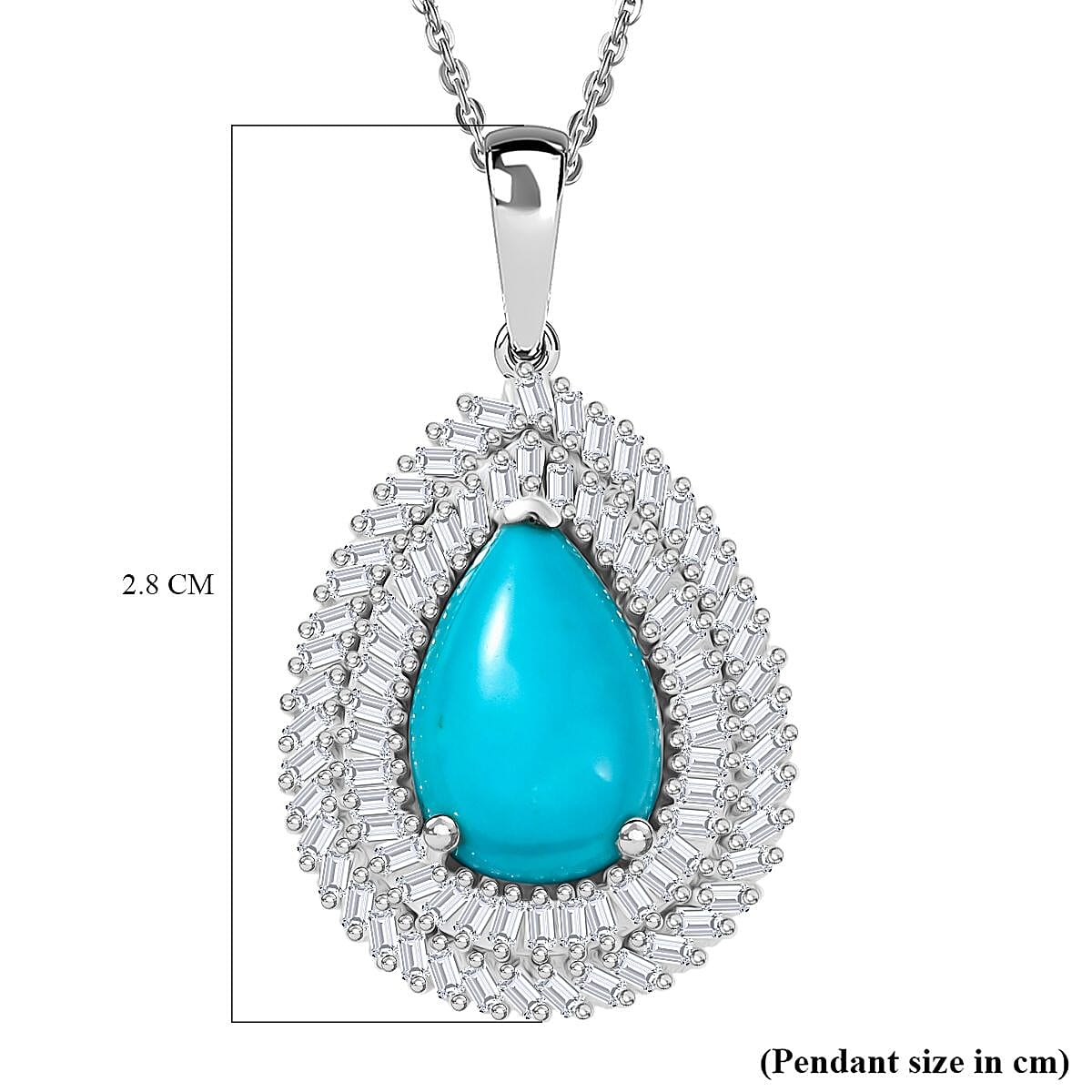 D'Joy Sleeping Beauty Turquoise & White Diamond Pendant with Chain (Size 20) in Rhodium Overlay Sterling Silver 3.09 Ct.