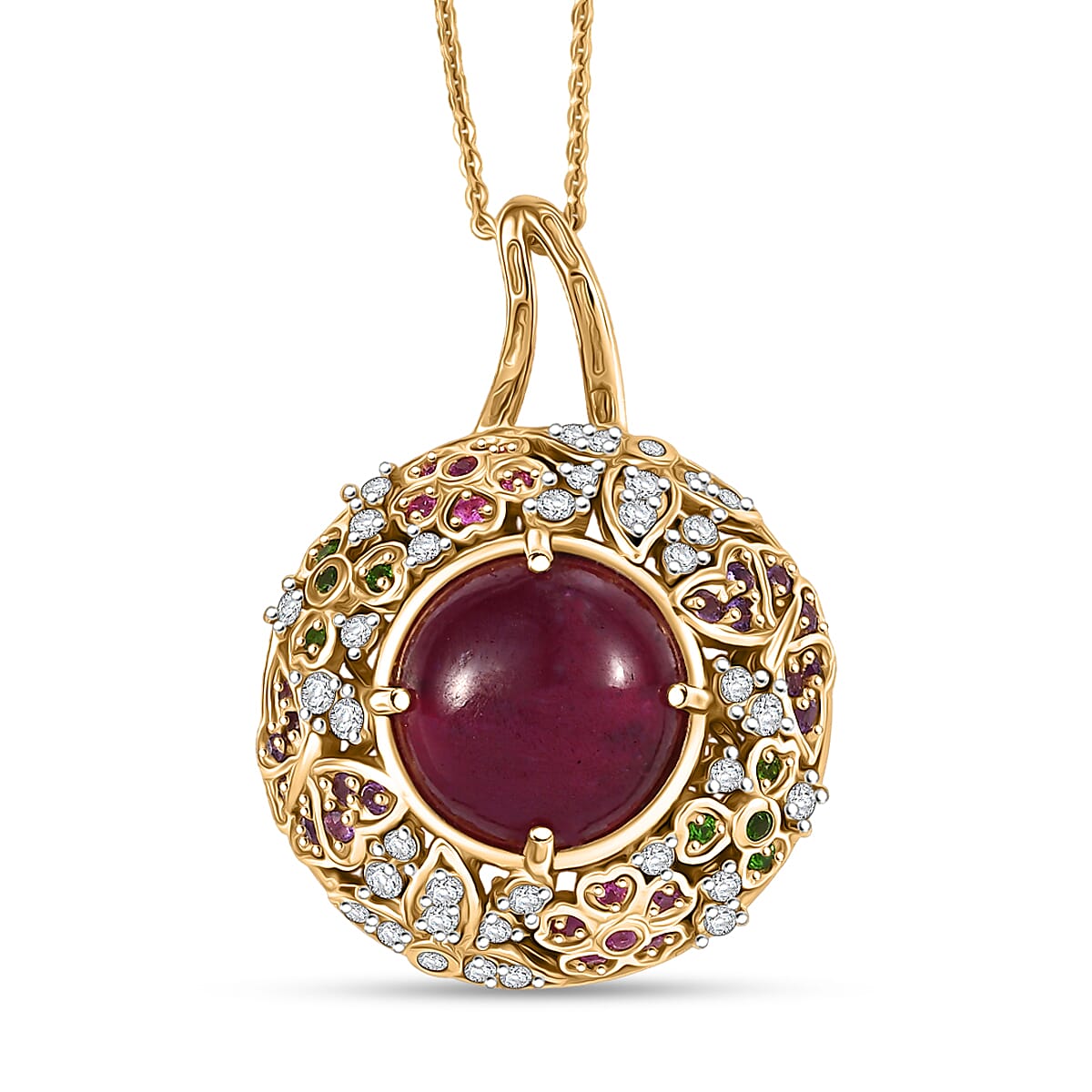 GP Italian Garden Collection - African Ruby, African Amethyst & Multi Gemstones Pendant with Chain (Size 20) in 18K Vermeil Yellow Gold Plated Sterling Silver 16.51 Ct, Silver Wt. 8.35 Gms.