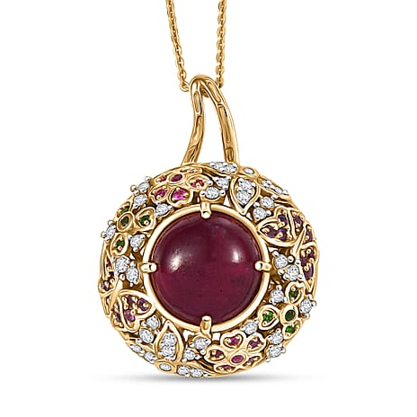 GP Italian Garden Collection - African Ruby, African Amethyst & Multi Gemstones Pendant with Chain (Size 20) in 18K Vermeil Yellow Gold Plated Sterling Silver 16.51 Ct, Silver Wt. 8.35 Gms.