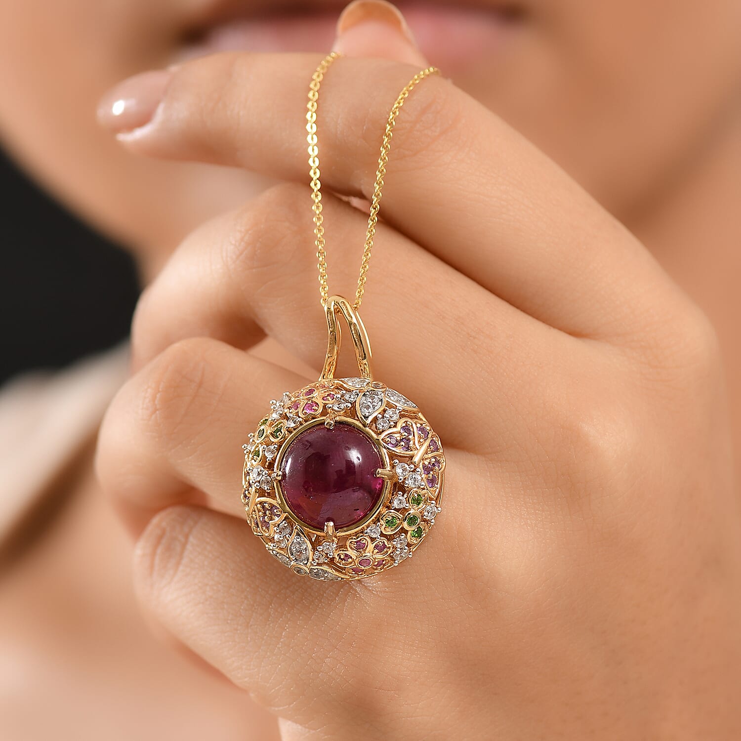 GP Italian Garden Collection - African Ruby, African Amethyst & Multi Gemstones Pendant with Chain (Size 20) in 18K Vermeil Yellow Gold Plated Sterling Silver 16.51 Ct, Silver Wt. 8.35 Gms.