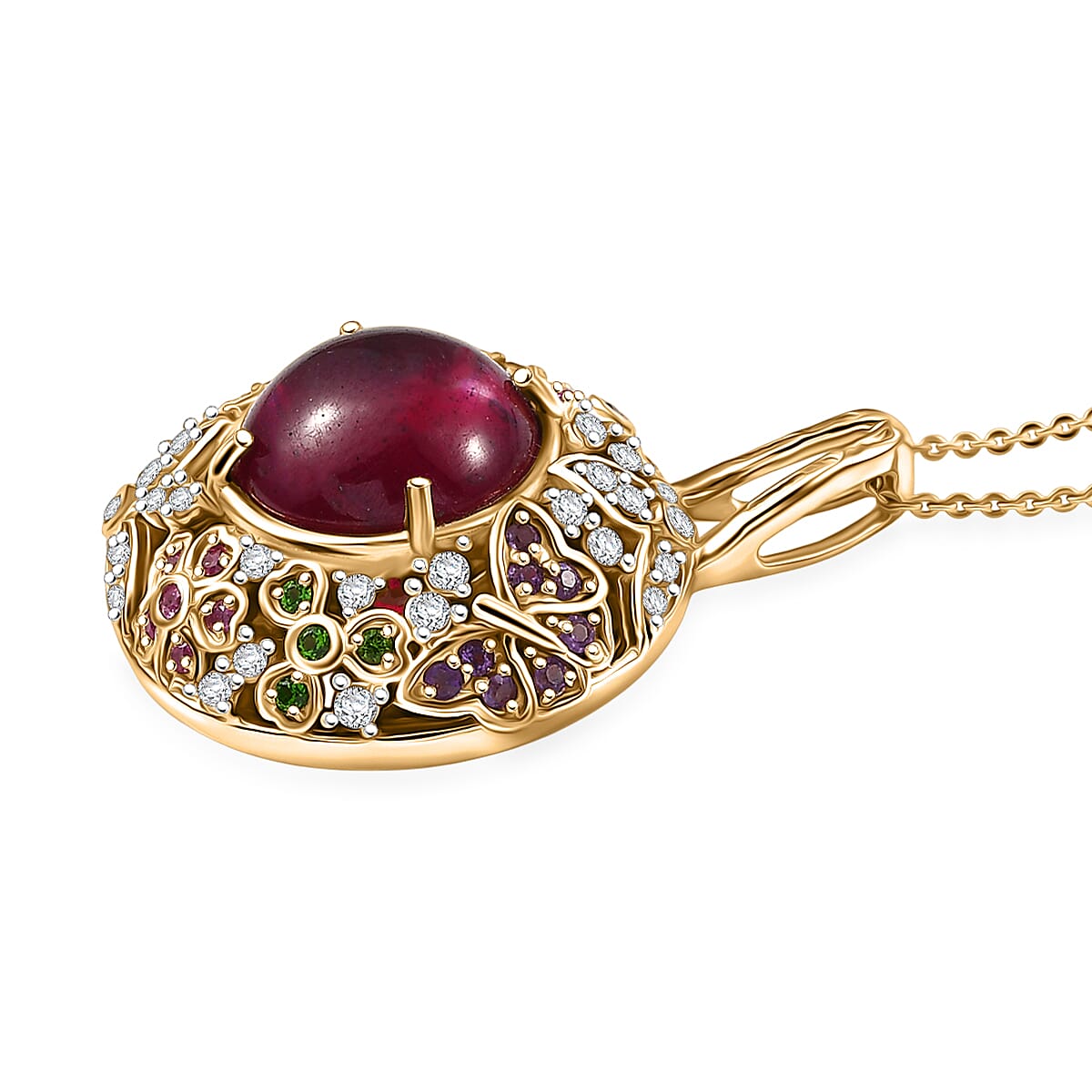 GP Italian Garden Collection - African Ruby, African Amethyst & Multi Gemstones Pendant with Chain (Size 20) in 18K Vermeil Yellow Gold Plated Sterling Silver 16.51 Ct, Silver Wt. 8.35 Gms.