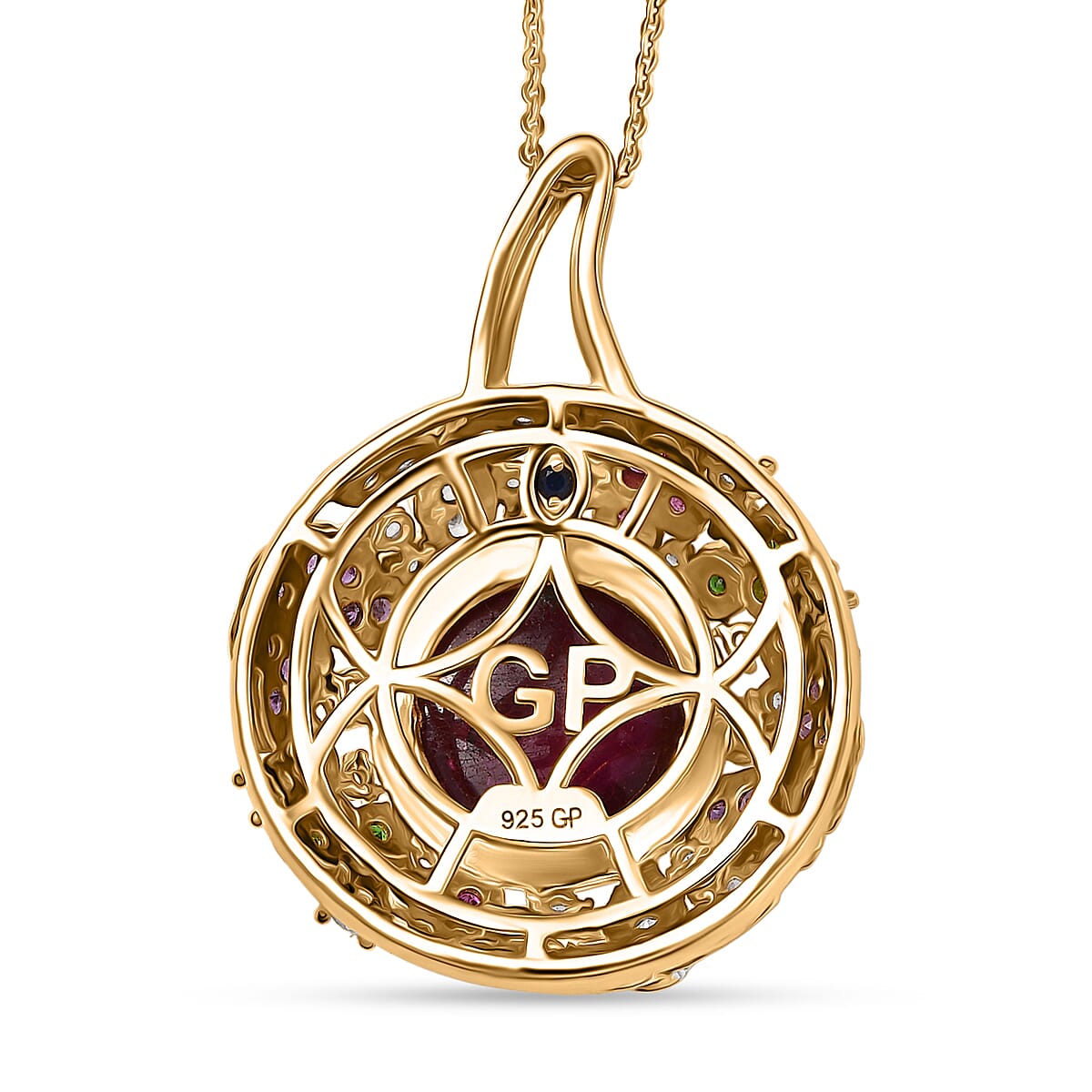 GP Italian Garden Collection - African Ruby, African Amethyst & Multi Gemstones Pendant with Chain (Size 20) in 18K Vermeil Yellow Gold Plated Sterling Silver 16.51 Ct, Silver Wt. 8.35 Gms.