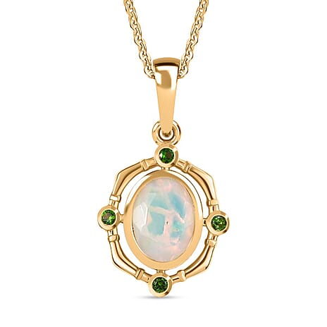 Djoy Ethiopian Opal & Natural Chrome Diopside Forest Compass Pendant with Chain (Size 20) in Yellow Gold Plating Sterling Silver