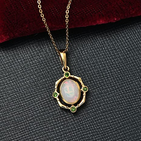 Djoy Ethiopian Opal & Natural Chrome Diopside Forest Compass Pendant with Chain (Size 20) in Yellow Gold Plating Sterling Silver