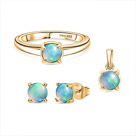 D'joy 3 Piece Set -  Ethiopian Opal Earring, Ring & Pendant with Torn Chain 19DC (Size 20) in 18K Yellow Gold Plating Sterling Silver 1.27 Ct, Silver Wt. 5.38 Gms.