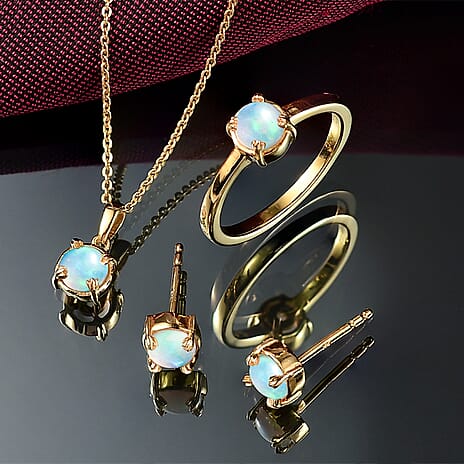 D'joy 3 Piece Set -  Ethiopian Opal Earring, Ring & Pendant with Torn Chain 19DC (Size 20) in 18K Yellow Gold Plating Sterling Silver 1.27 Ct, Silver Wt. 5.38 Gms.