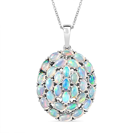 Ethiopian Opal Pendant with Torn Chain 19DC (Size 20) in Rhodium Overlay Sterling Silver 5.39 Ct, Silver Wt. 6.59 Gms.