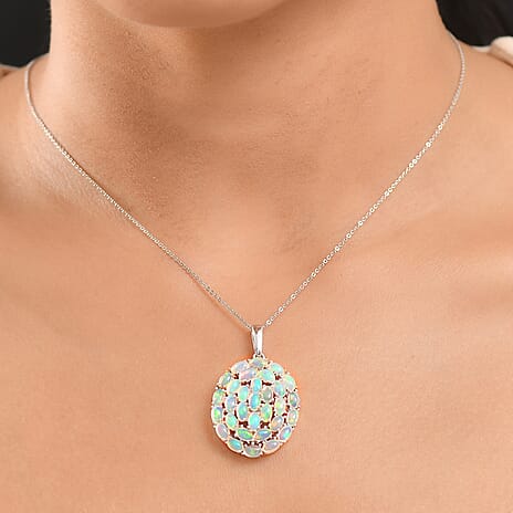 Ethiopian Opal Pendant with Torn Chain 19DC (Size 20) in Rhodium Overlay Sterling Silver 5.39 Ct, Silver Wt. 6.59 Gms.
