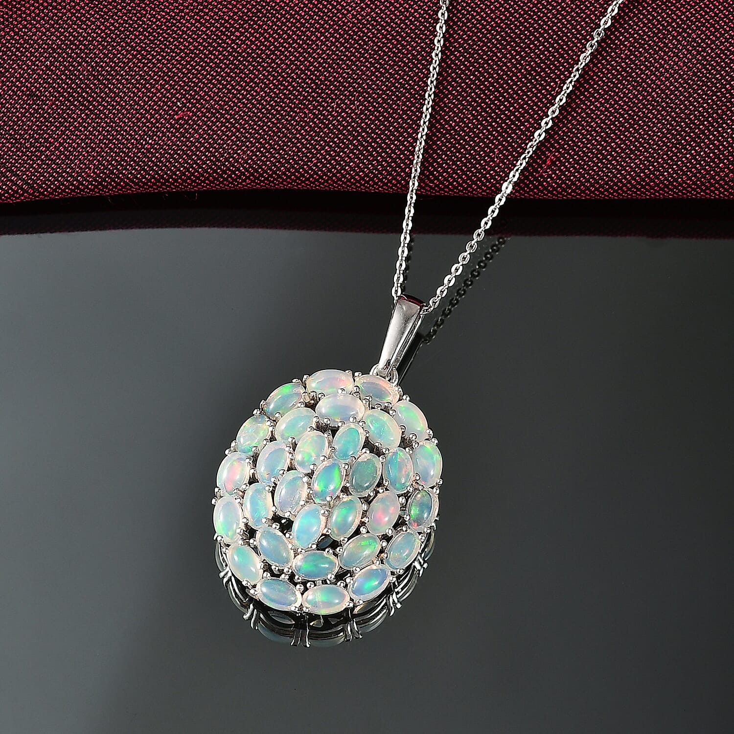 Ethiopian Opal Pendant with Torn Chain  (Size 20) in Rhodium Overlay Sterling Silver 5.39 Ct, Silver Wt. 6.59 Gms.