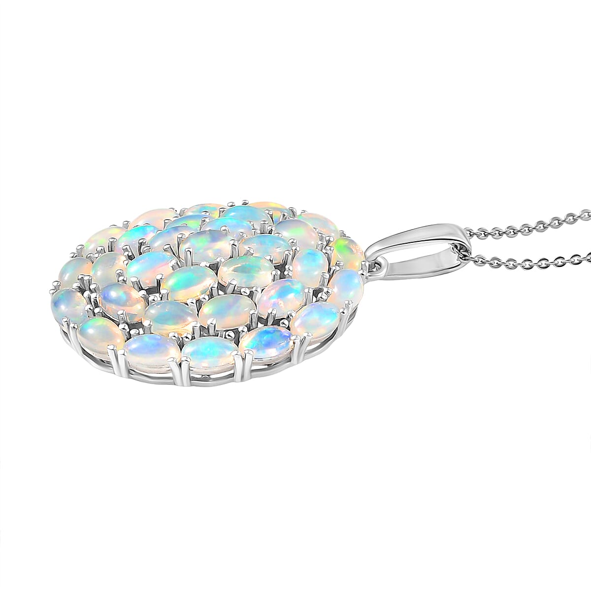 Ethiopian Opal Pendant with Torn Chain  (Size 20) in Rhodium Overlay Sterling Silver 5.39 Ct, Silver Wt. 6.59 Gms.