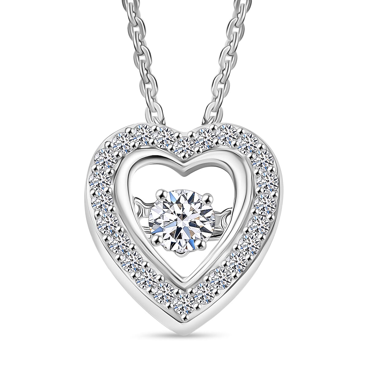Luxuriant Lab Grown Heart Dancing Diamond (SI-GH) Pendant with Chain (Size 20) in Rhodium Overlay Sterling Silver