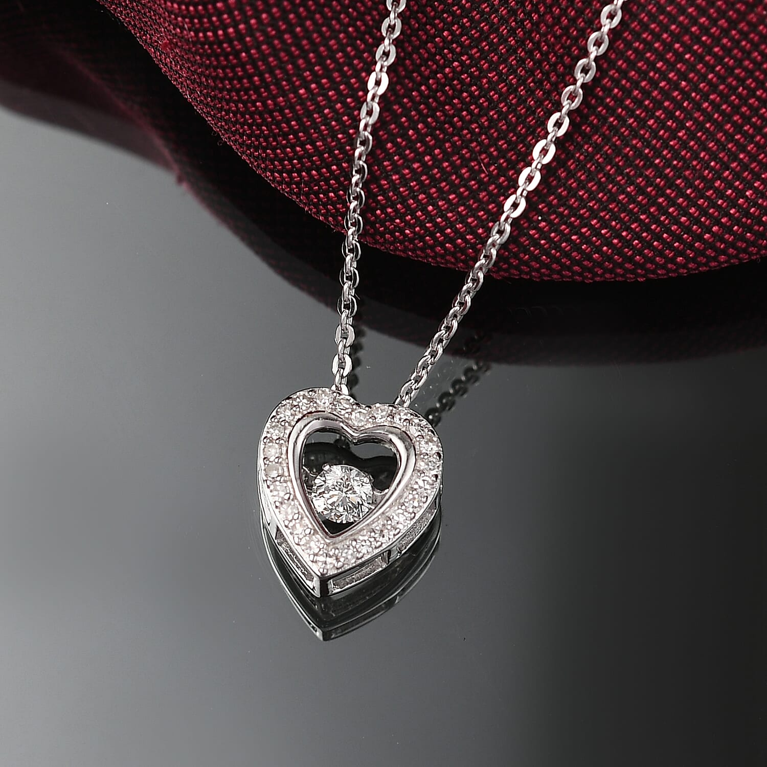 Luxuriant Lab Grown Heart Dancing Diamond (SI-GH) Pendant with Chain (Size 20) in Rhodium Overlay Sterling Silver