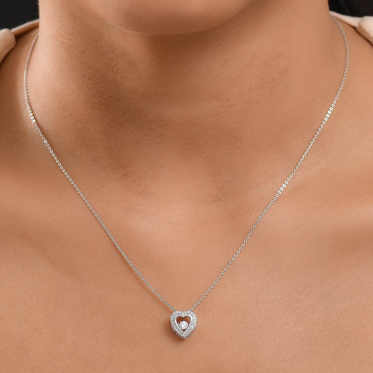 Luxuriant Lab Grown Heart Dancing Diamond (SI-GH) Pendant with Chain (Size 20) in Rhodium Overlay Sterling Silver
