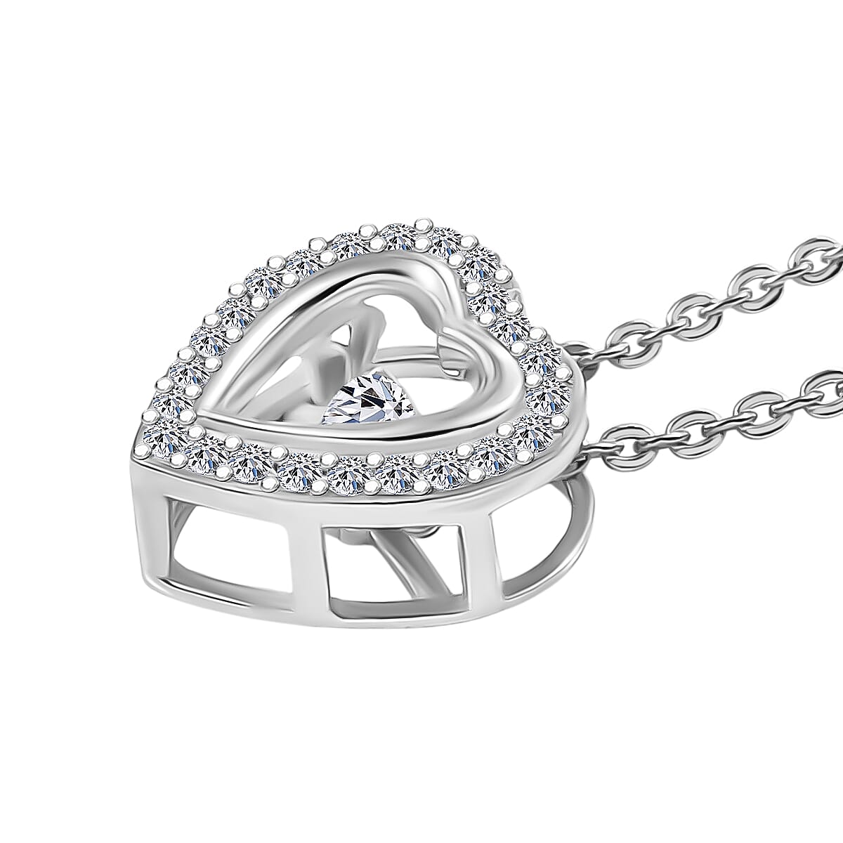 Luxuriant Lab Grown Heart Dancing Diamond (SI-GH) Pendant with Chain (Size 20) in Rhodium Overlay Sterling Silver