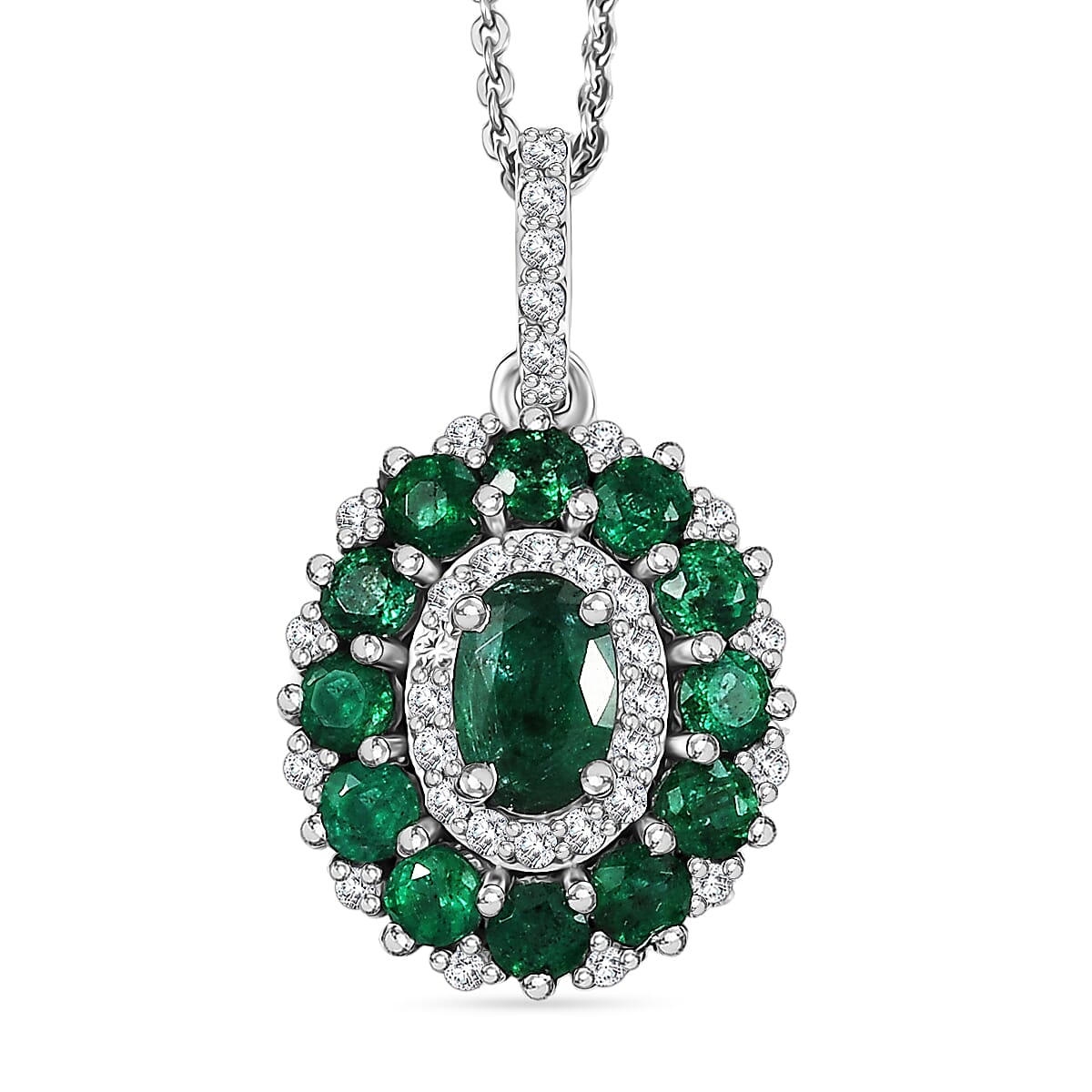 D'joy Zambian Emerald & White Zircon Pendant with Chain (Size 20) in Rhodium Overlay Sterling Silver 1.57 Ct.