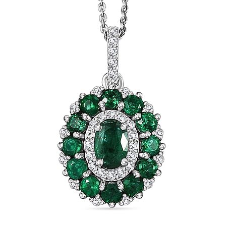 D'joy Zambian Emerald & White Zircon Pendant with Chain (Size 20) in Rhodium Overlay Sterling Silver 1.57 Ct.