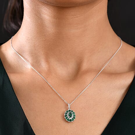D'joy Zambian Emerald & White Zircon Pendant with Chain (Size 20) in Rhodium Overlay Sterling Silver 1.57 Ct.