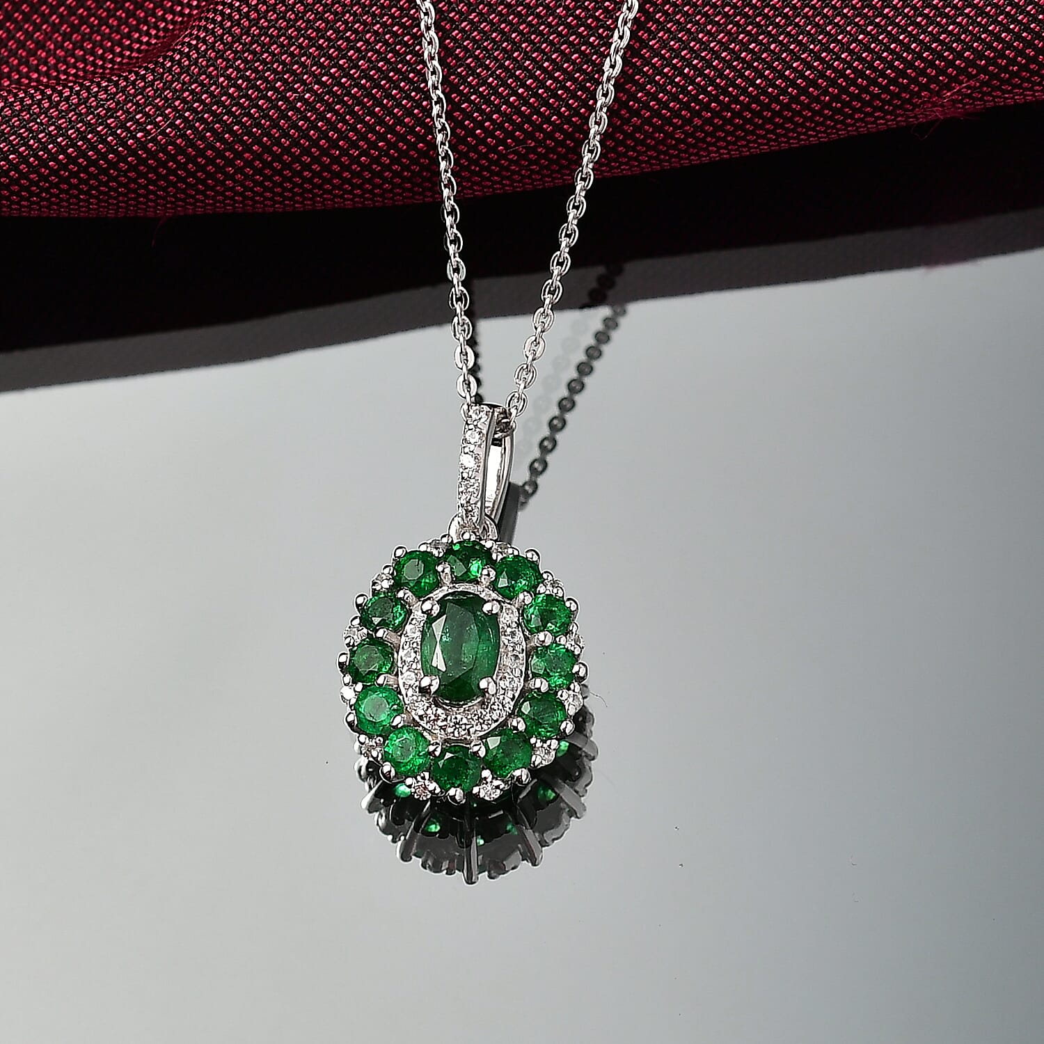 D'joy Zambian Emerald & White Zircon Pendant with Chain (Size 20) in Rhodium Overlay Sterling Silver 1.57 Ct.