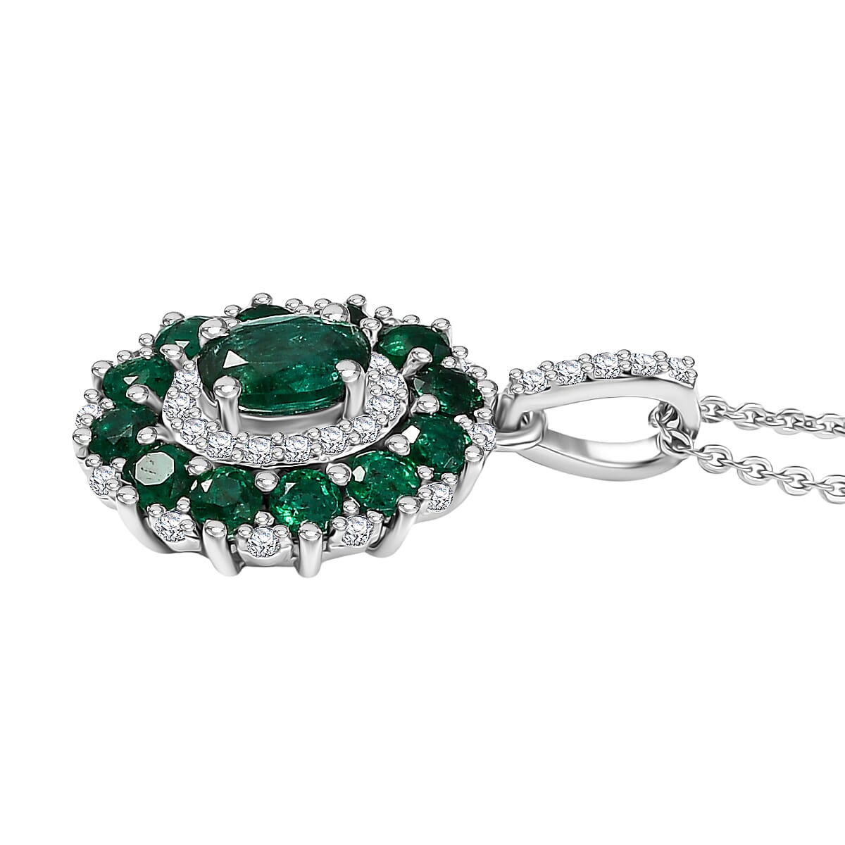 D'joy Zambian Emerald & White Zircon Pendant with Chain (Size 20) in Rhodium Overlay Sterling Silver 1.57 Ct.