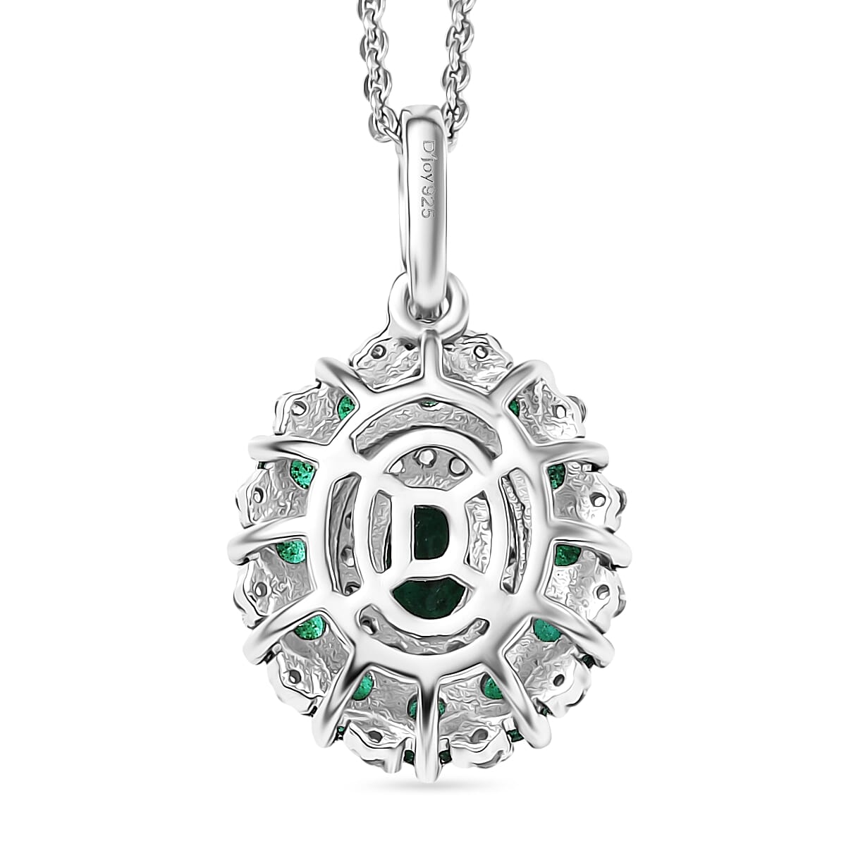 D'joy Zambian Emerald & White Zircon Pendant with Chain (Size 20) in Rhodium Overlay Sterling Silver 1.57 Ct.