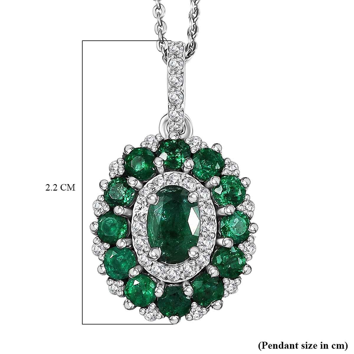 D'joy Zambian Emerald & White Zircon Pendant with Chain (Size 20) in Rhodium Overlay Sterling Silver 1.57 Ct.