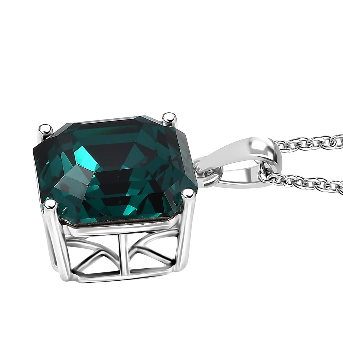 Emerald Swarovski Crystal Pendant with Chain (Size 20) in Platinum Overlay Sterling Silver 12.32 Ct.