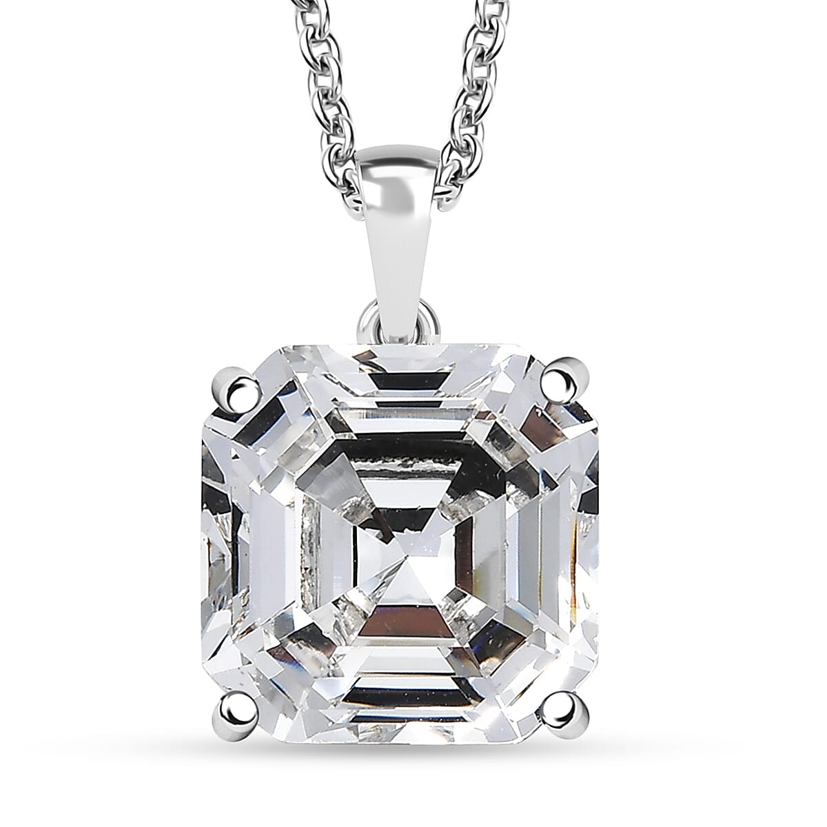 White Swarovski Crystal Pendant with Chain (Size 20) in Platinum Overlay Sterling Silver 12.34 Ct.