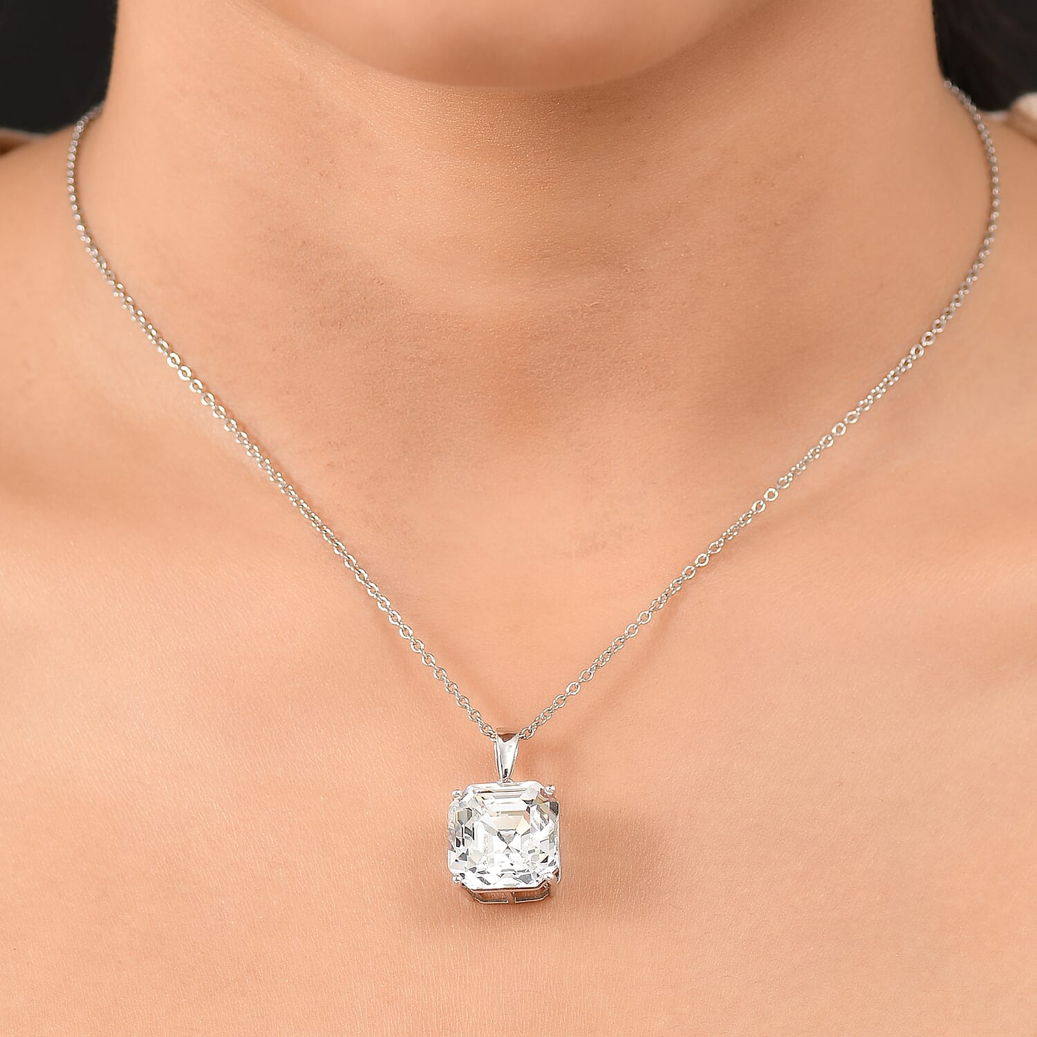 White Swarovski Crystal Pendant with Chain (Size 20) in Platinum Overlay Sterling Silver 12.34 Ct.