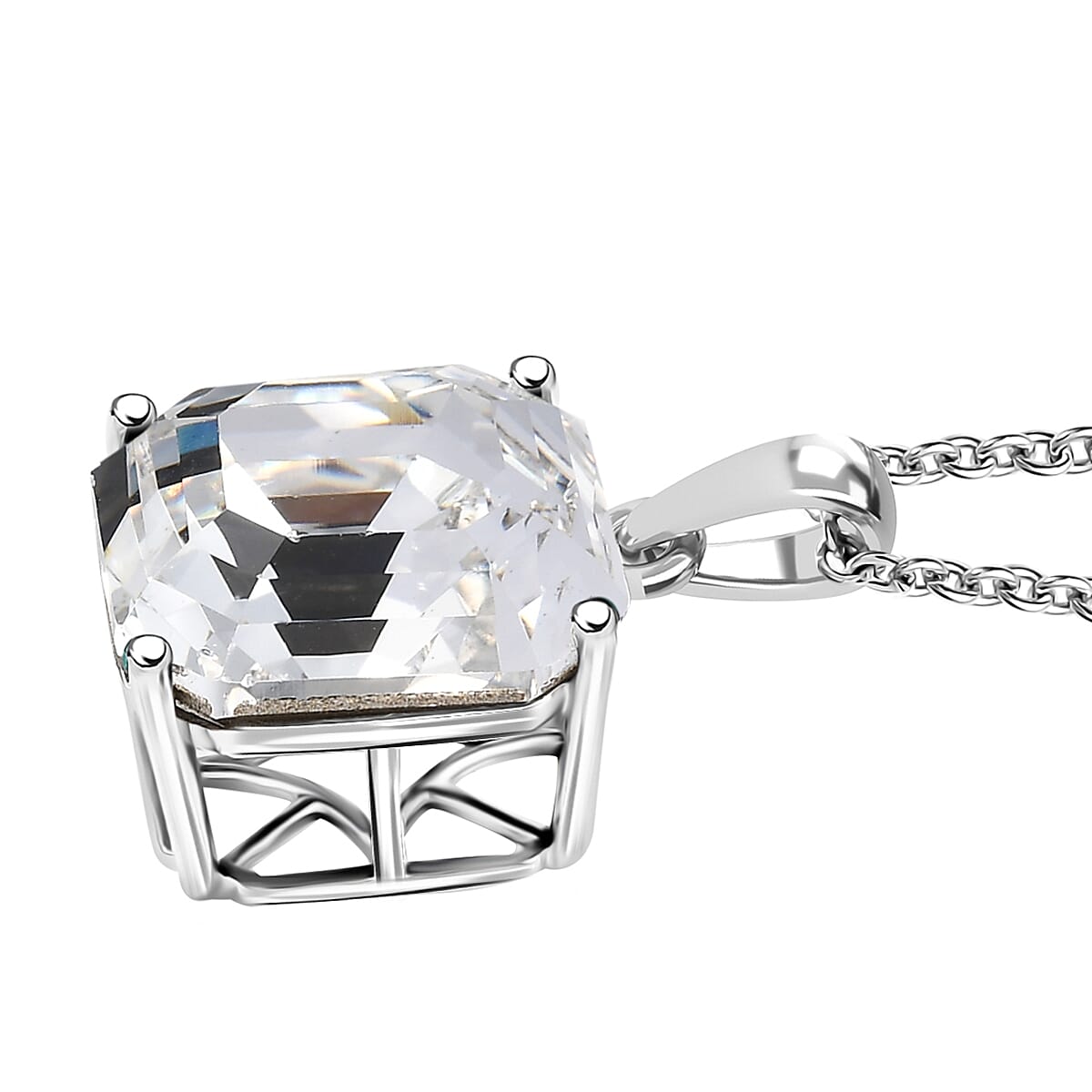 White Swarovski Crystal Pendant with Chain (Size 20) in Platinum Overlay Sterling Silver 12.34 Ct.