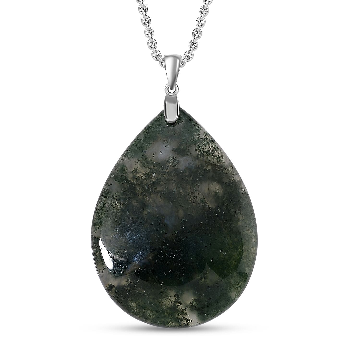 Extremely Rare Size - Natural Moss Agate Pendant with Chain (Size 20)  in Rhodium Overlay Sterling Silver 50.00 Ct.