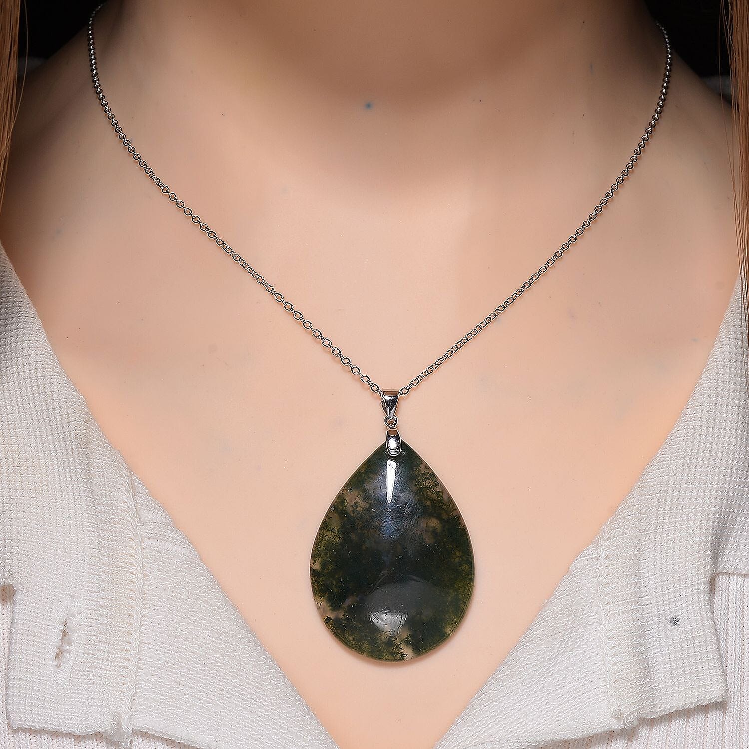 Extremely Rare Size - Natural Moss Agate Pendant with Chain (Size 20)  in Rhodium Overlay Sterling Silver 50.00 Ct.