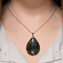 Natural Moss Agate Pendant with Chain (Size 20) with Lobster Clasp in Rhodium Overlay Sterling Silver 50.00 Ct.