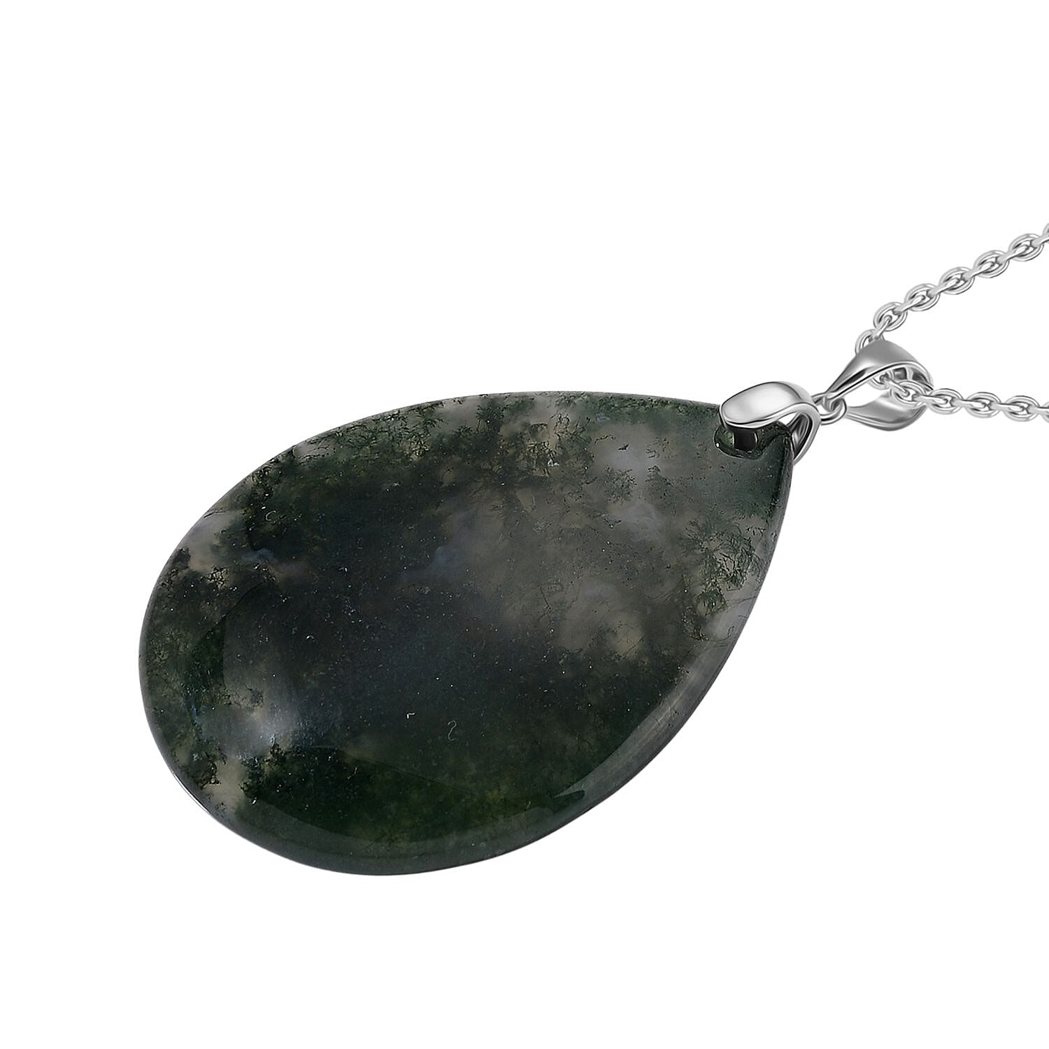 Extremely Rare Size - Natural Moss Agate Pendant with Chain (Size 20)  in Rhodium Overlay Sterling Silver 50.00 Ct.