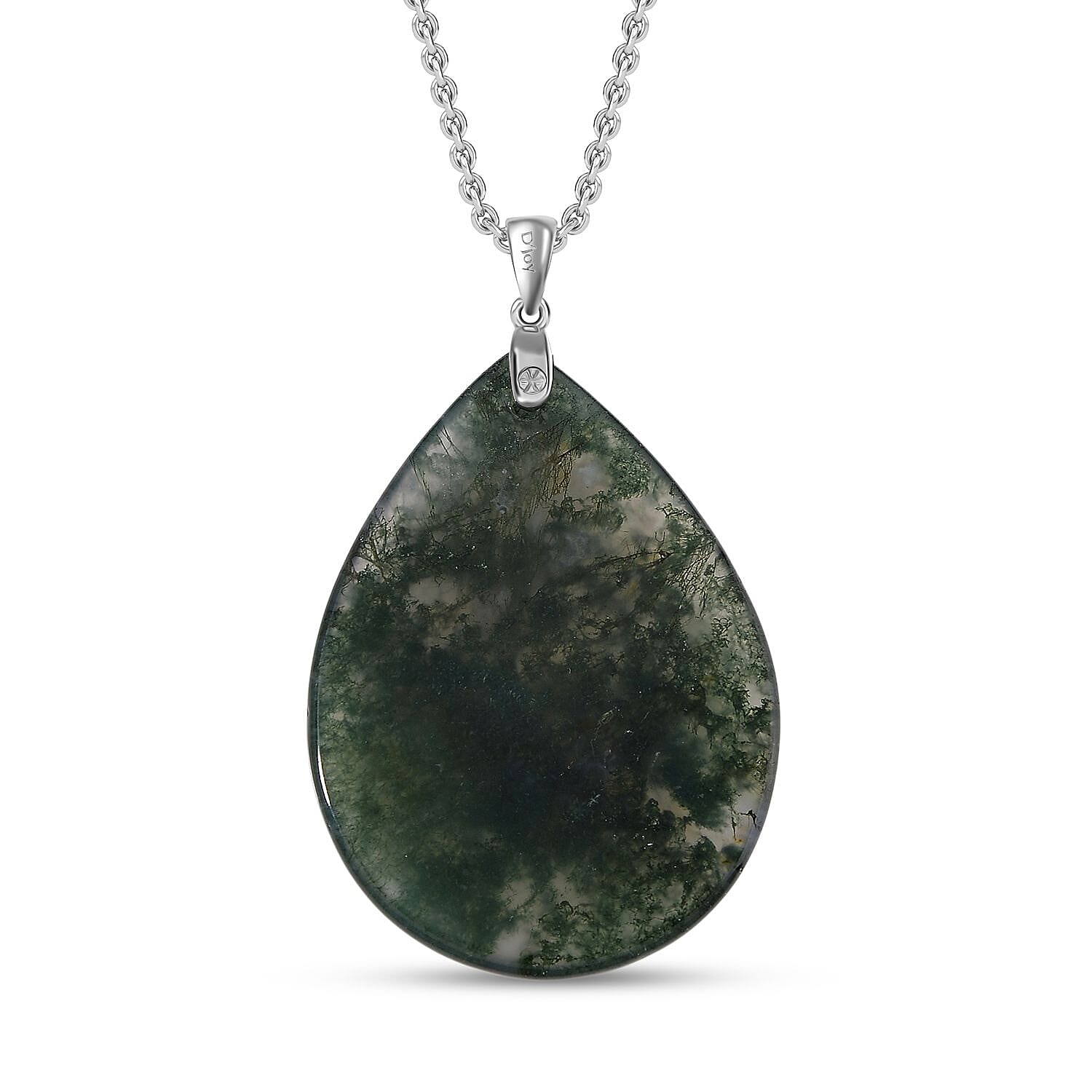 Extremely Rare Size - Natural Moss Agate Pendant with Chain (Size 20)  in Rhodium Overlay Sterling Silver 50.00 Ct.