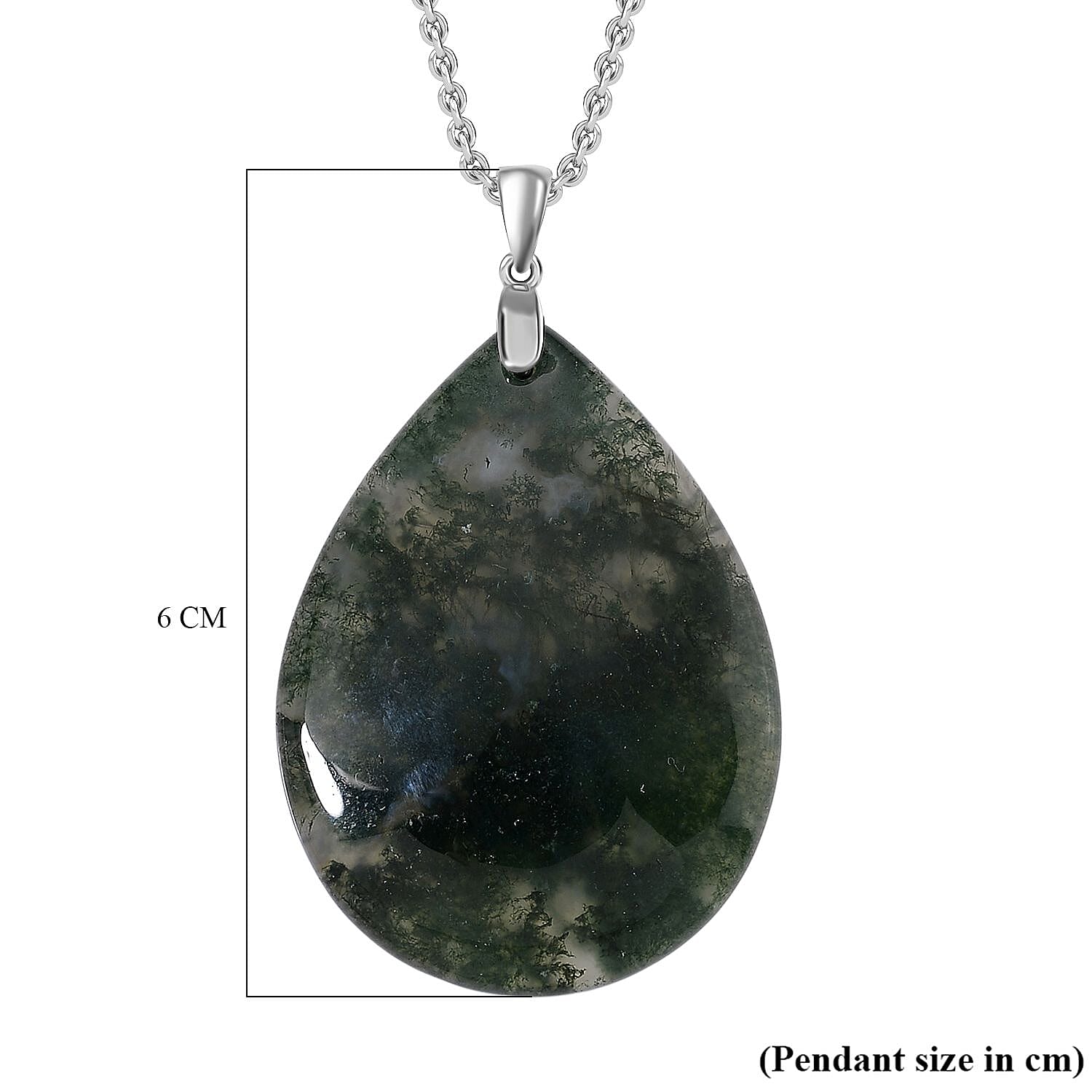 Extremely Rare Size - Natural Moss Agate Pendant with Chain (Size 20)  in Rhodium Overlay Sterling Silver 50.00 Ct.