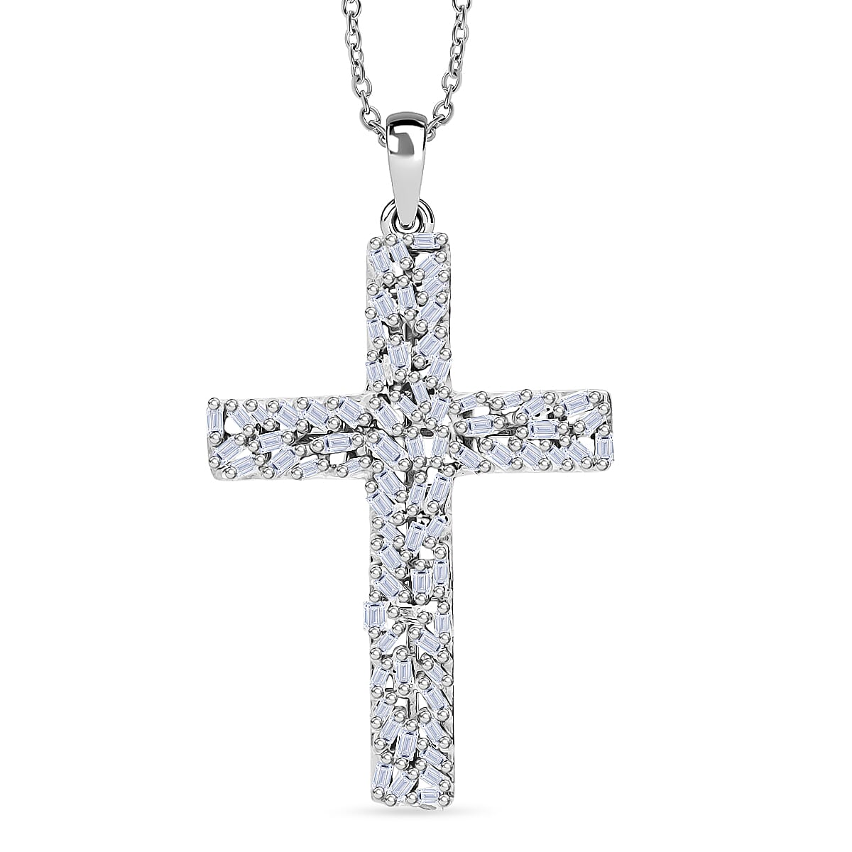Luxuriant Lab Grown Diamond (SI-GH) Cross Pendant with Chain (Size 18 - 2) in Rhodium Overlay Sterling Silver 0.50 Ct.