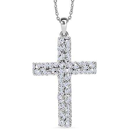 Luxuriant Lab Grown Diamond (SI-GH) Cross Pendant with Chain (Size 18 - 2) in Rhodium Overlay Sterling Silver 0.50 Ct.