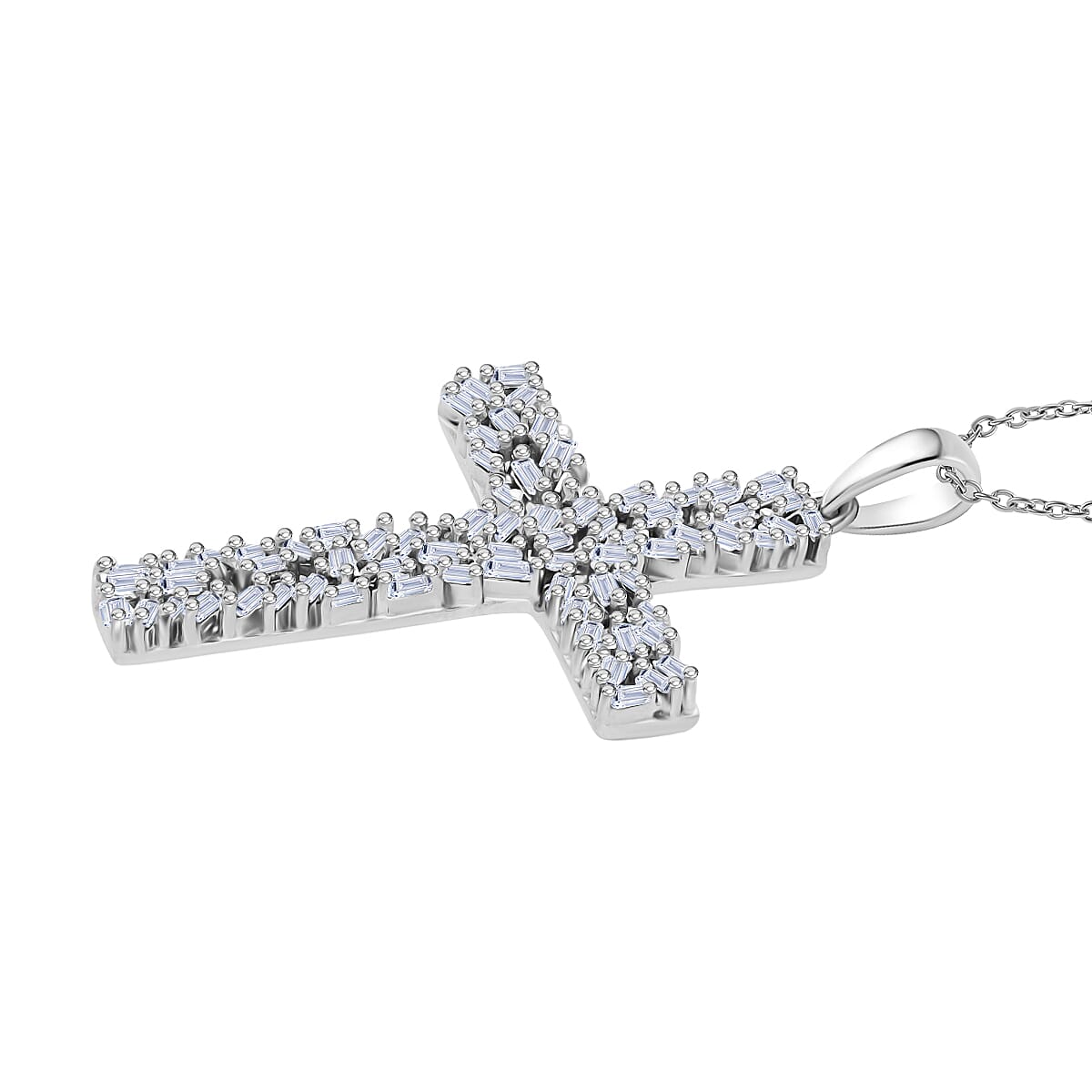 Luxuriant Lab Grown Diamond (SI-GH) Cross Pendant with Chain (Size 18 - 2) in Rhodium Overlay Sterling Silver 0.50 Ct.