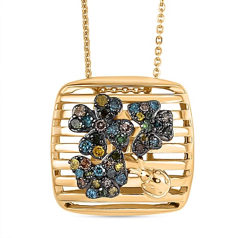 GP Italian Garden Collection - Multi Colour Diamond & Kanchanaburi Blue Sapphire Pendant with Chain (Size 20) in 18K Vermeil Yellow Gold Plated Sterling Silver, Silver Wt. 6.41 Gms.