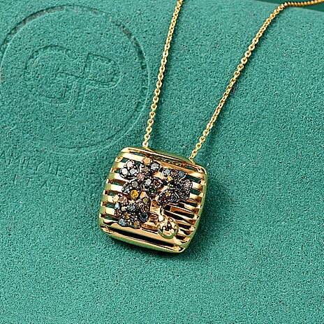 GP Italian Garden Collection - Multi Colour Diamond & Kanchanaburi Blue Sapphire Pendant with Chain (Size 20) in 18K Vermeil Yellow Gold Plated Sterling Silver, Silver Wt. 6.41 Gms.