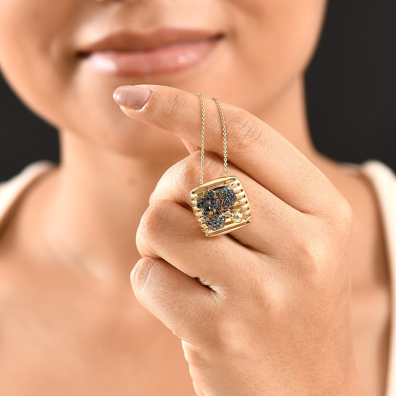 GP Italian Garden Collection - Multi Colour Diamond & Kanchanaburi Blue Sapphire Pendant with Chain (Size 20) in 18K Vermeil Yellow Gold Plated Sterling Silver, Silver Wt. 6.41 Gms.