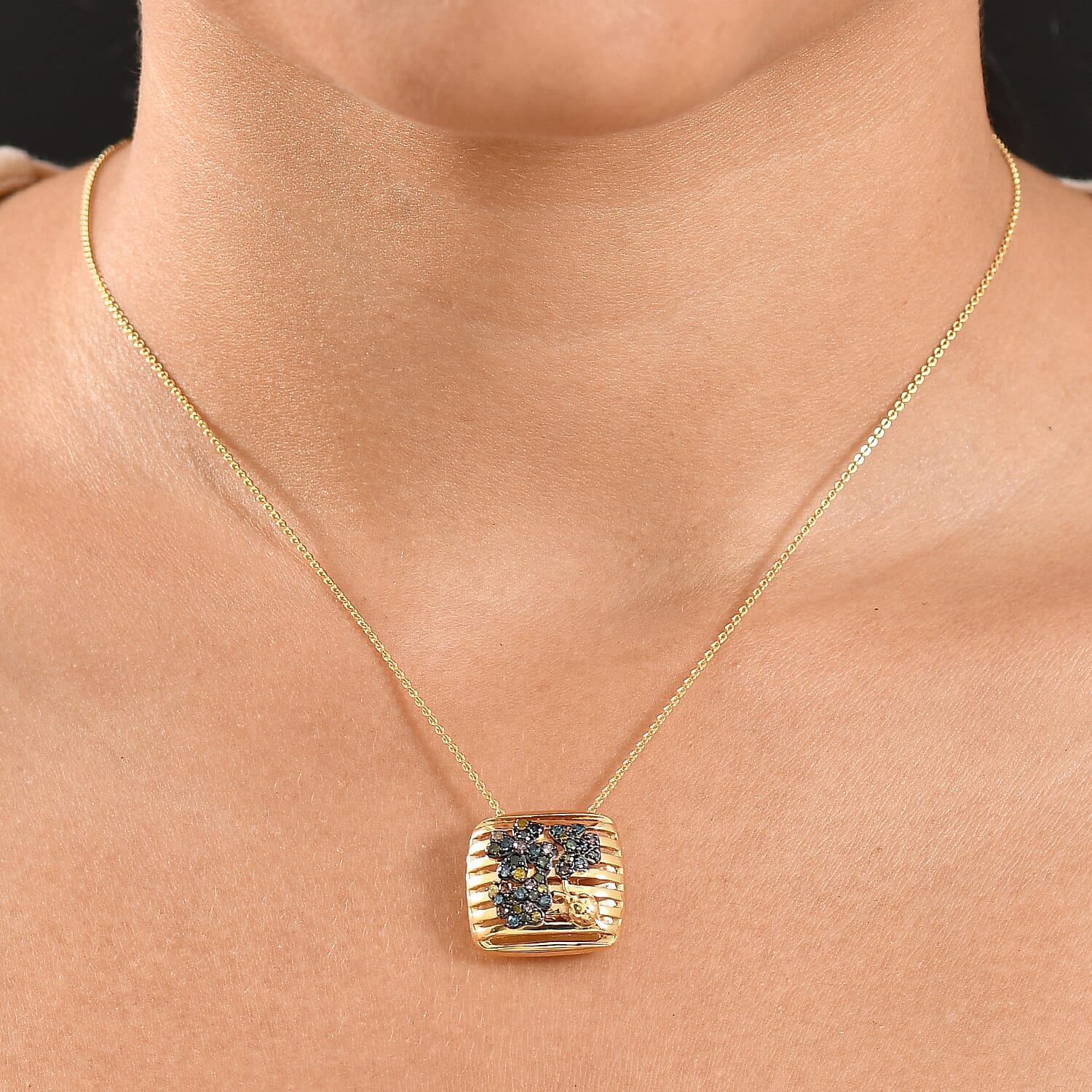 GP Italian Garden Collection - Multi Colour Diamond & Kanchanaburi Blue Sapphire Pendant with Chain (Size 20) in 18K Vermeil Yellow Gold Plated Sterling Silver, Silver Wt. 6.41 Gms.