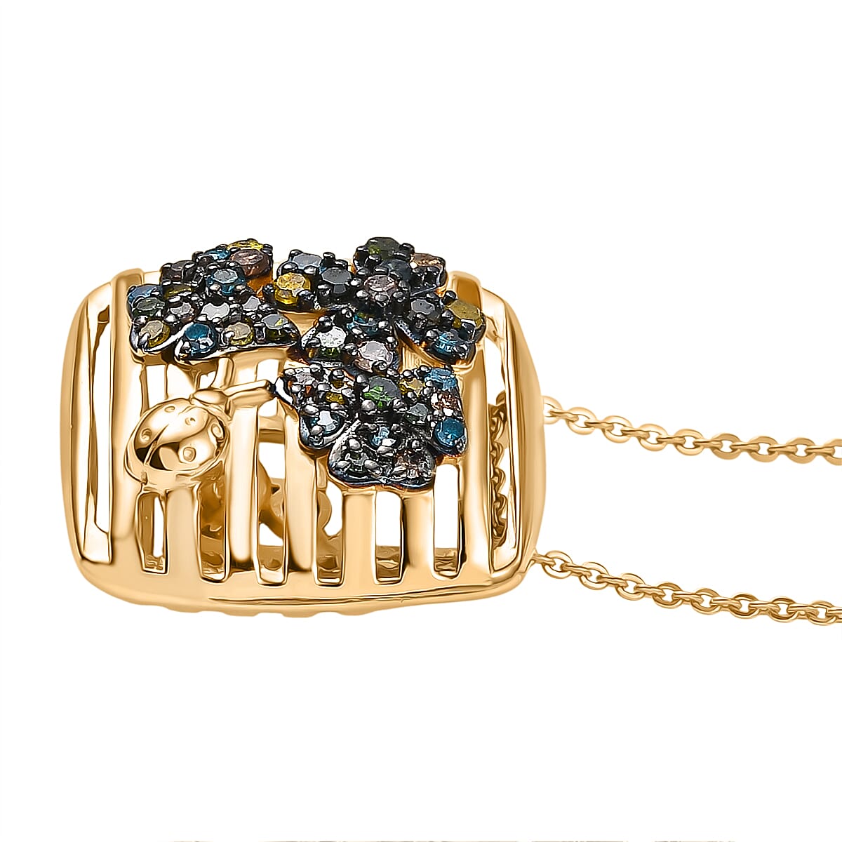 GP Italian Garden Collection - Multi Colour Diamond & Kanchanaburi Blue Sapphire Pendant with Chain (Size 20) in 18K Vermeil Yellow Gold Plated Sterling Silver, Silver Wt. 6.41 Gms.