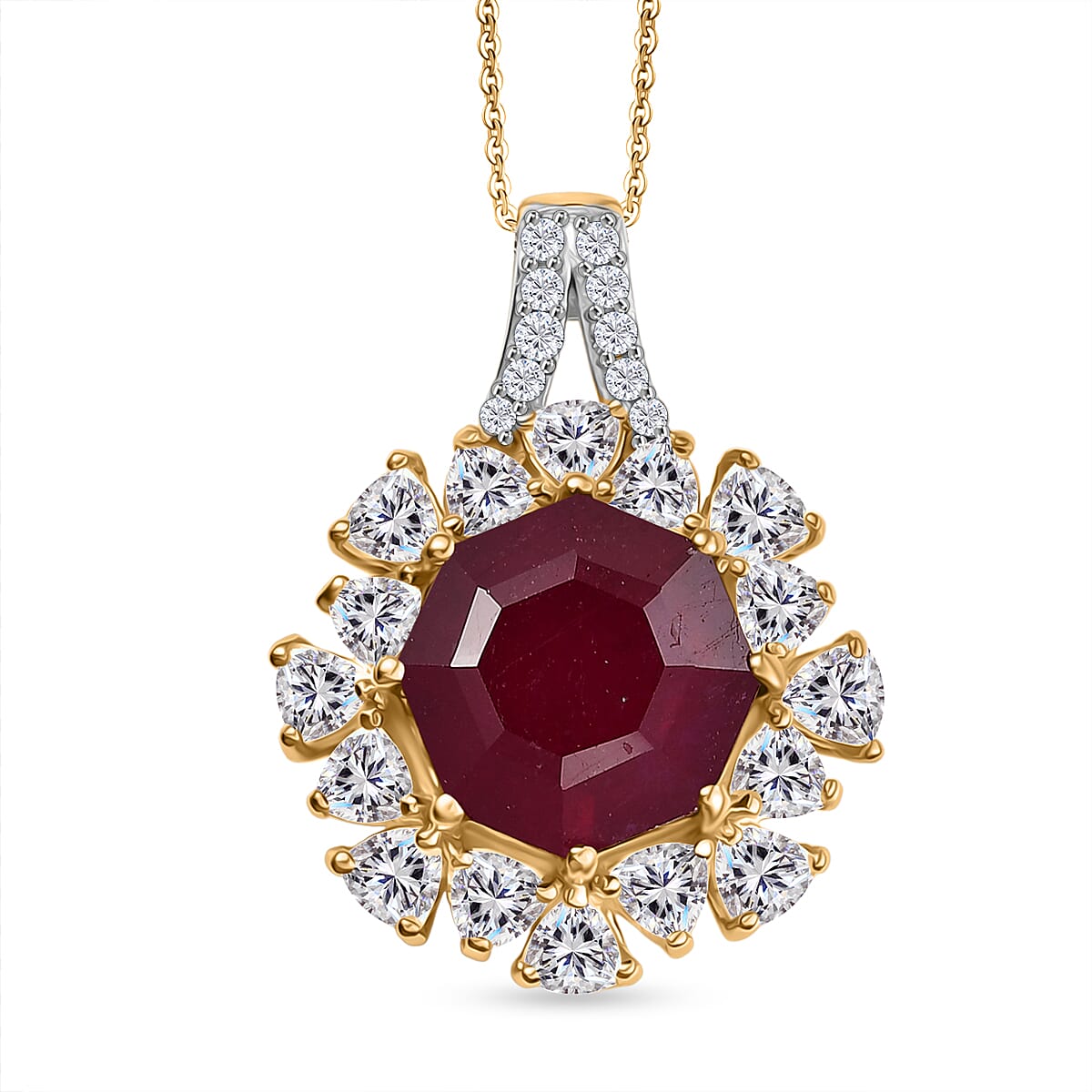 African Ruby & White Zircon Pendant with Chain (Size 20) in 18K Vermeil Yellow Gold Plated Sterling Silver 8.18 Ct.