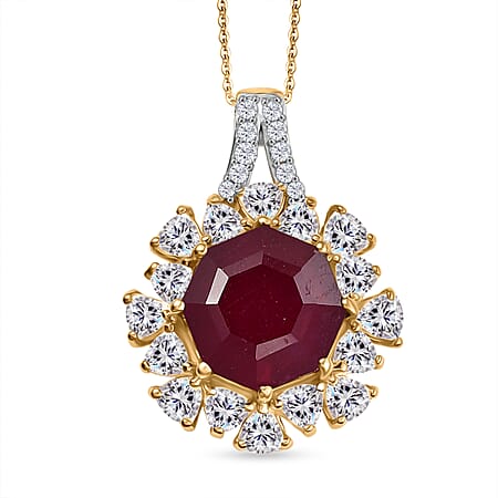D'Joy African Ruby, White Zircon Halo Pendant with Chain (Size 20) in 18K Vermeil Yellow Gold Plated Sterling Silver 8.76 Ct.