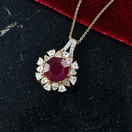 African Ruby & White Zircon Pendant with Chain (Size 20) in 18K Vermeil Yellow Gold Plated Sterling Silver 8.18 Ct.