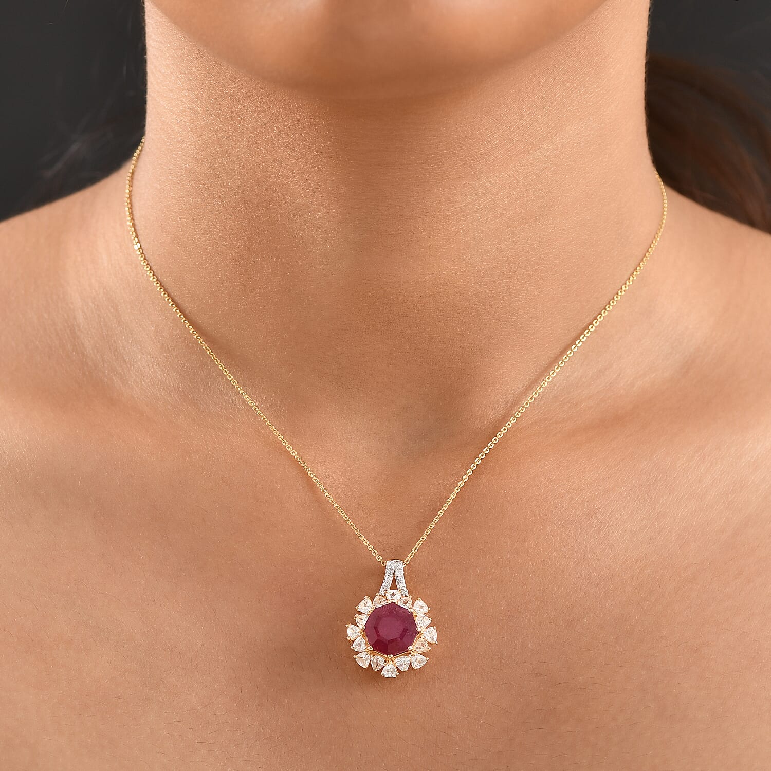 African Ruby & White Zircon Pendant with Chain (Size 20) in 18K Vermeil Yellow Gold Plated Sterling Silver 8.18 Ct.